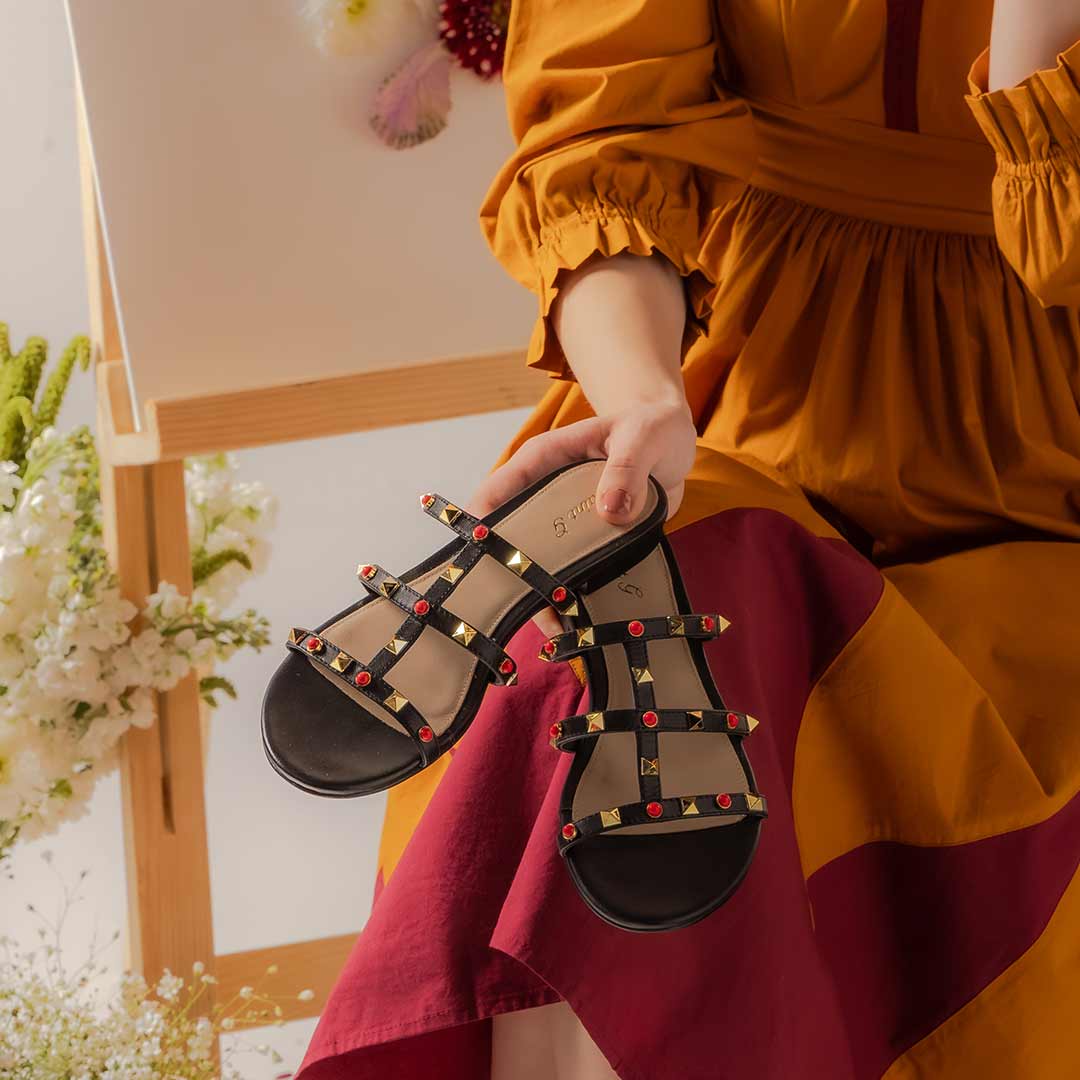 Saint Valene Studded Black Leather Flats