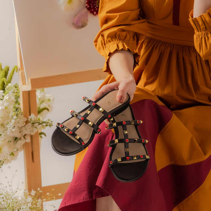 Saint Valene Studded Black Leather Flats