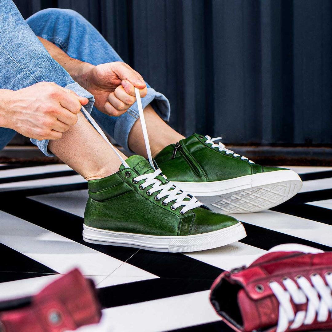 Green Leather Handcrafted Sneakers for mens