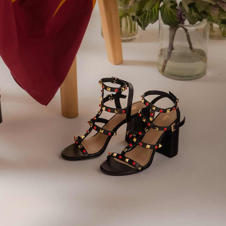 Saint Lorien Black Leather Studded Block Heels