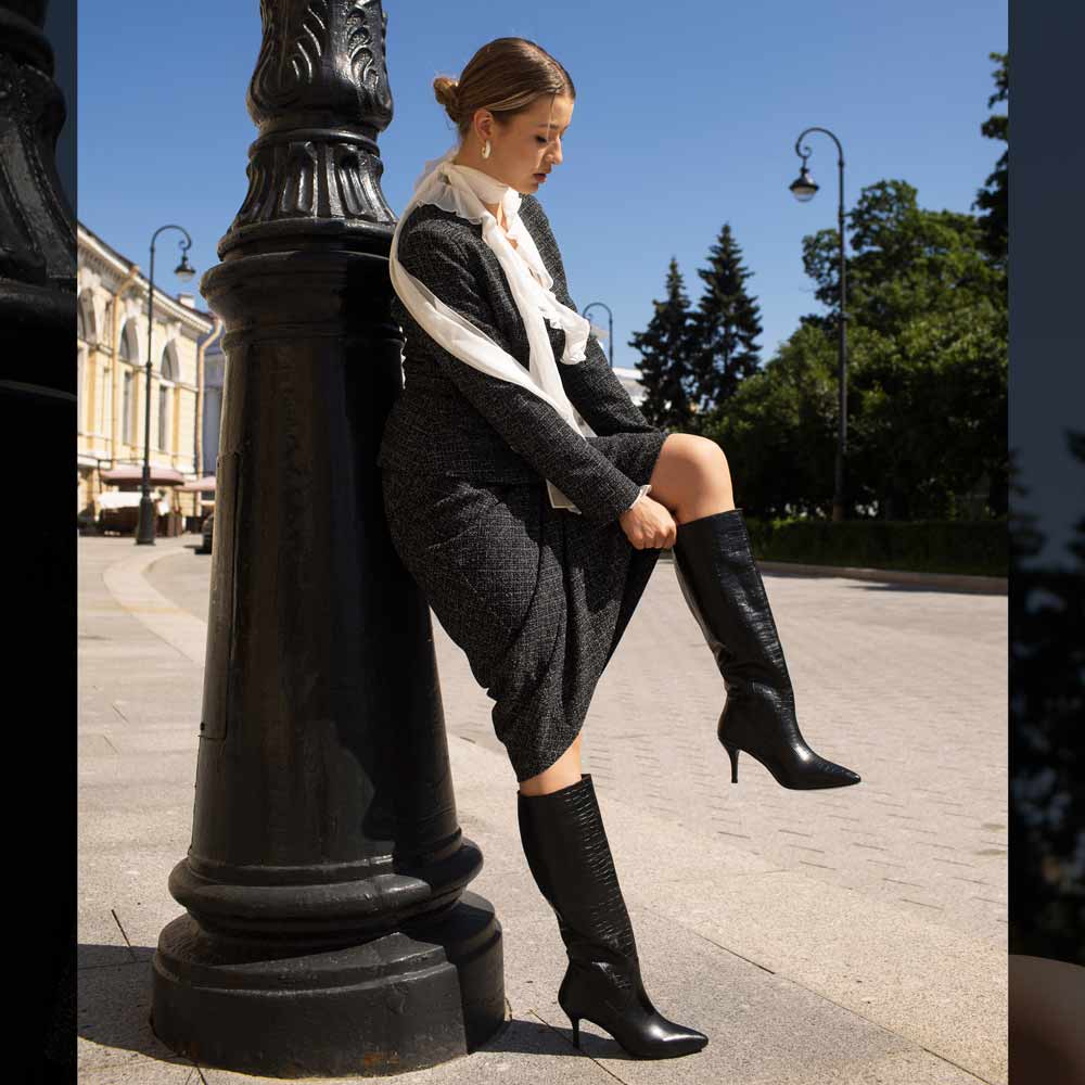 Saint Adella Croc Embossed Black Leather Long Boots