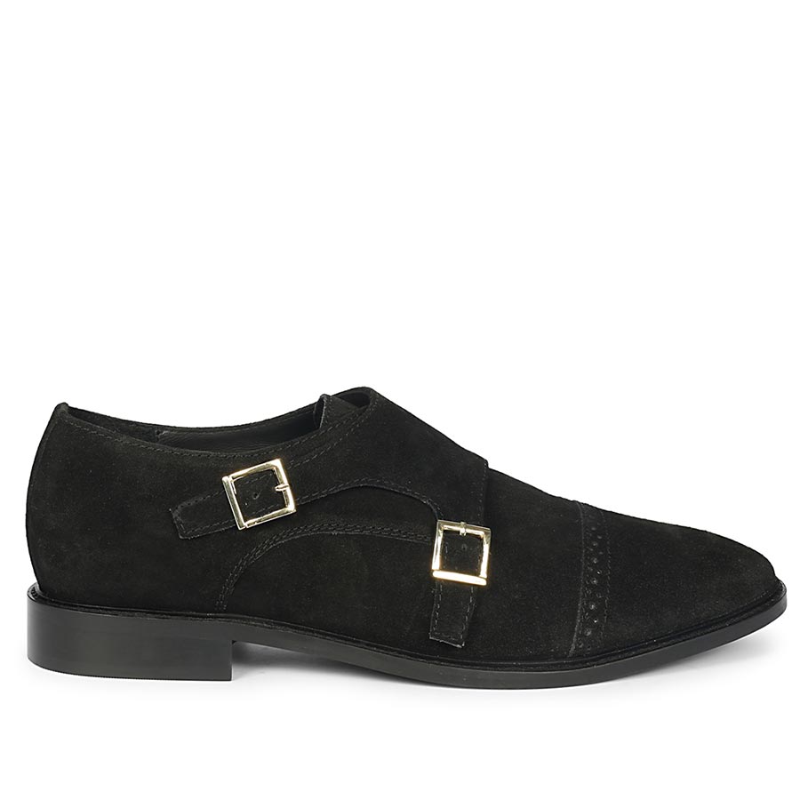 Saint Mathis Black Suede Leather Double Buckle Monk Shoes