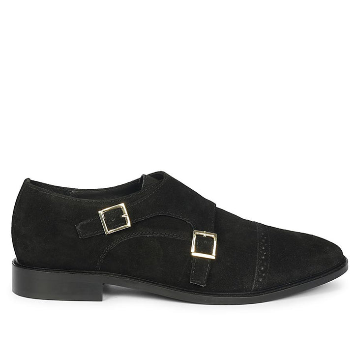 Saint Mathis Black Suede Leather Double Buckle Monk Shoes