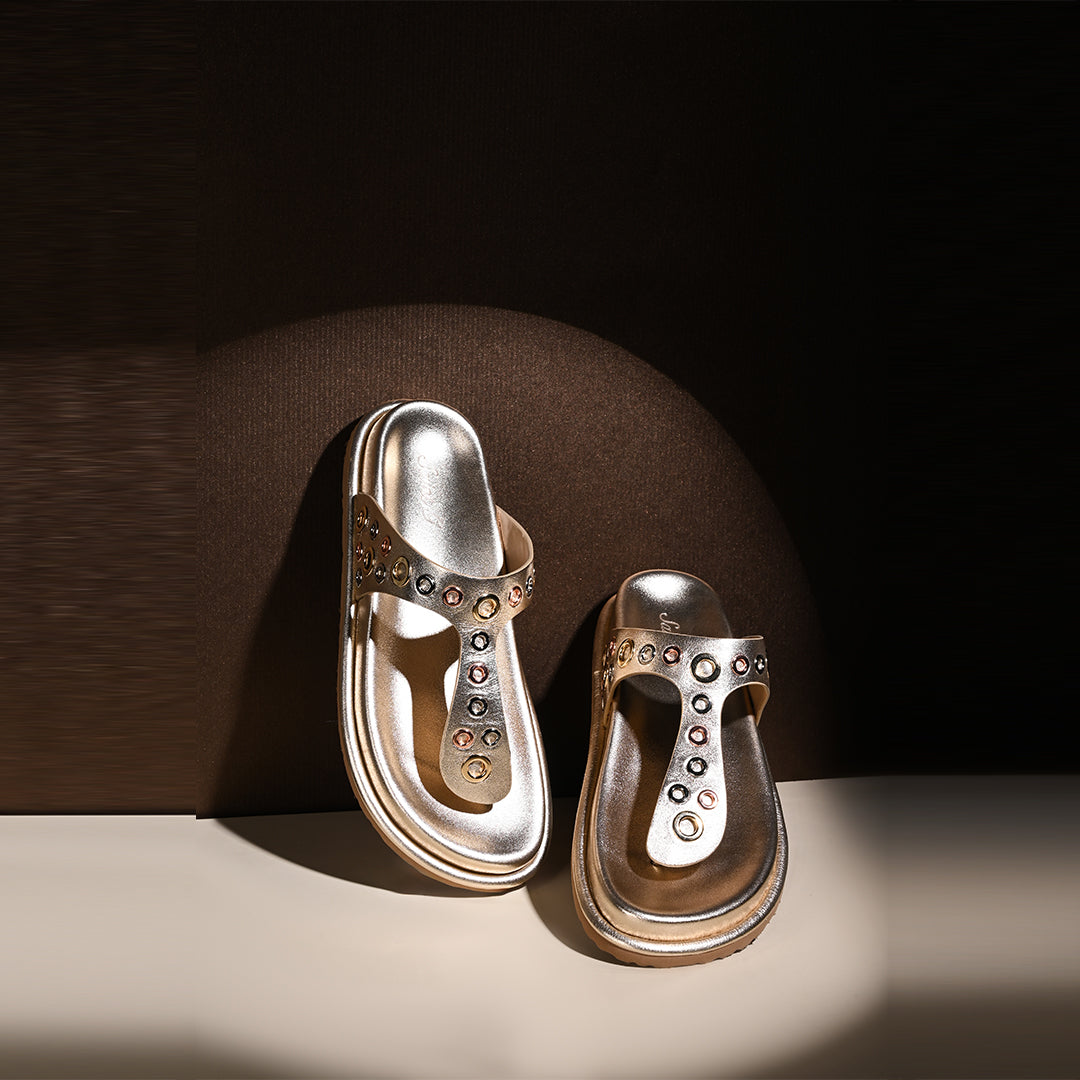 Saint Raelyn Eyelet Gold Leather Footbed Sandals