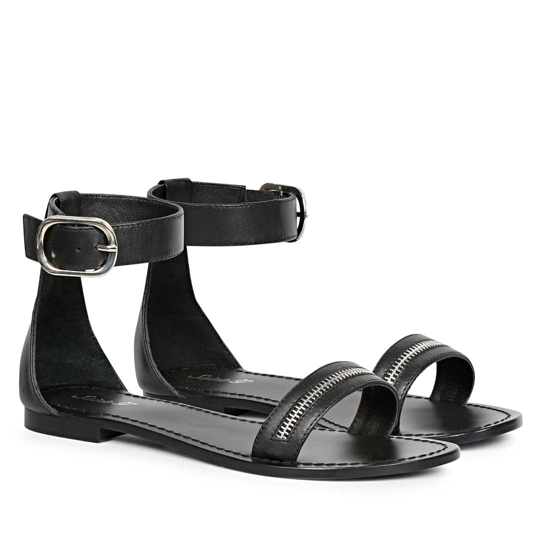 Saint Donelle Zip Decor Black Leather Sandals