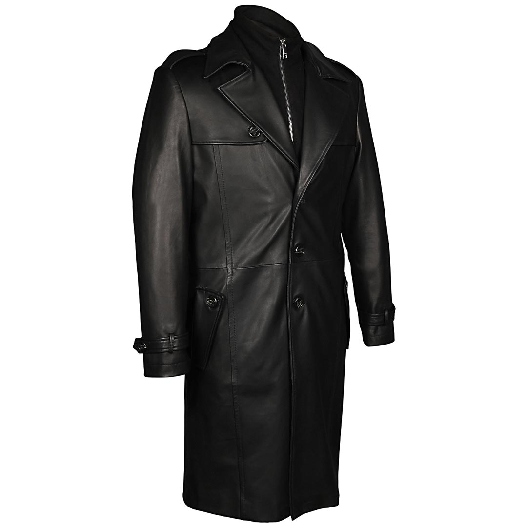 Saint Valente Full-Length Black Leather Trench Coat For Men