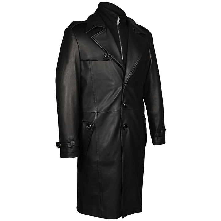 Saint Valente Full-Length Black Leather Trench Coat For Men