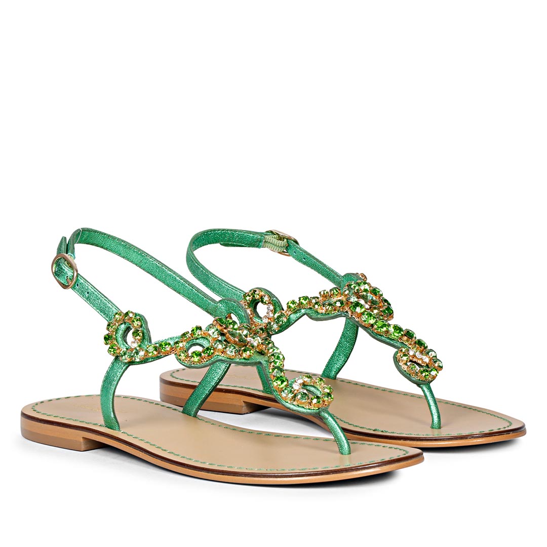 Saint Kaia Gold Stone  Metallic Green Leather Sandals
