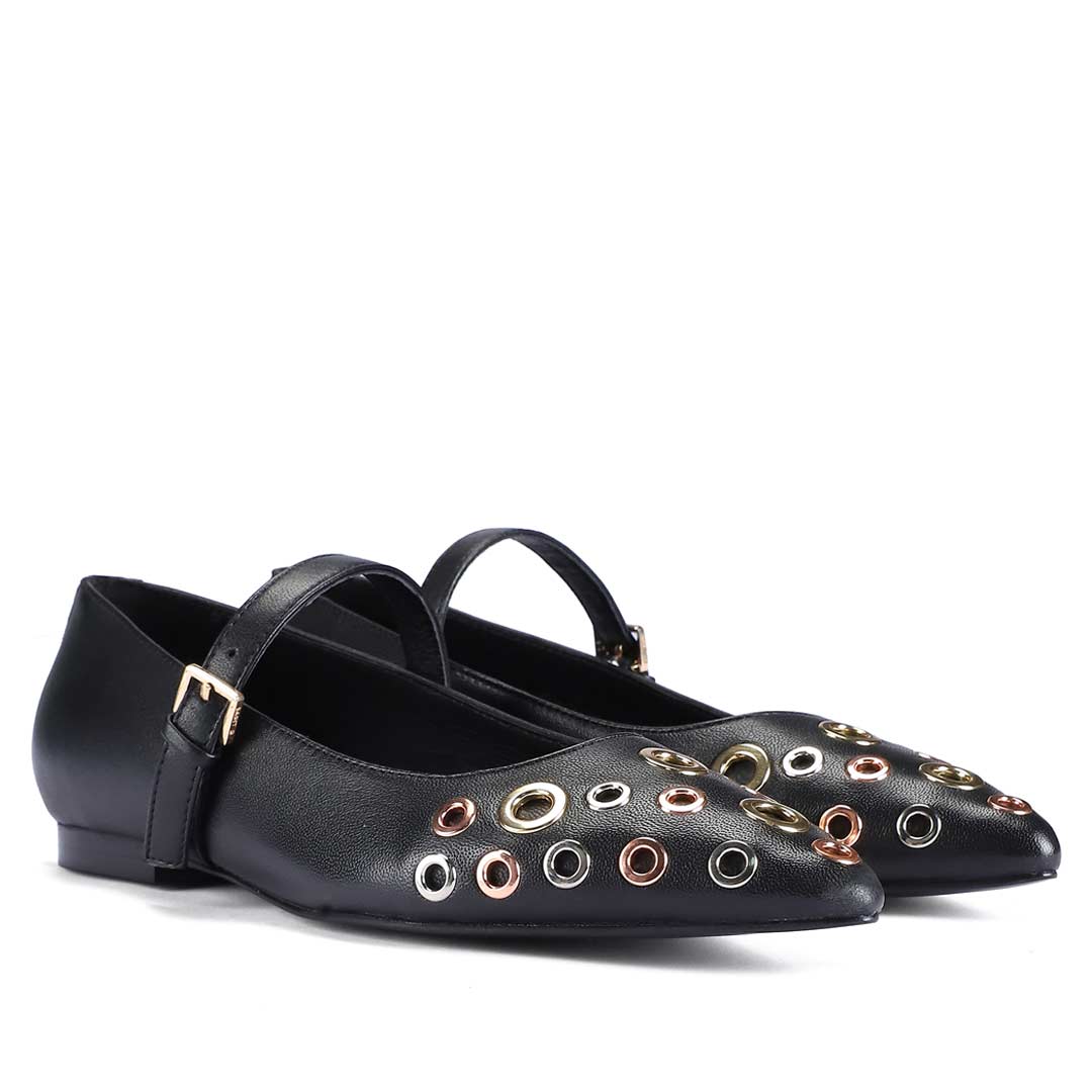 Saint Anouk Multi Eyelets Black Leather Ballerinas