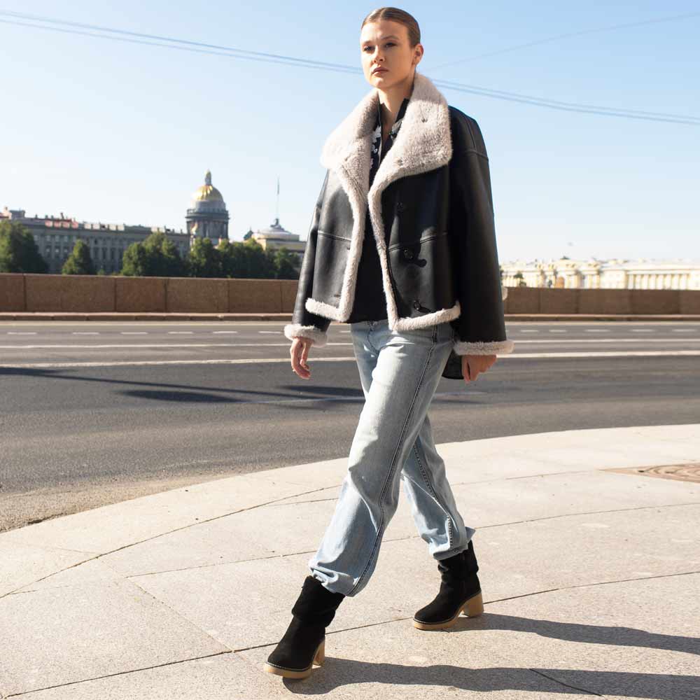 Saint Glacienne Black Suede Leather Fur Cuff Ankle Boots