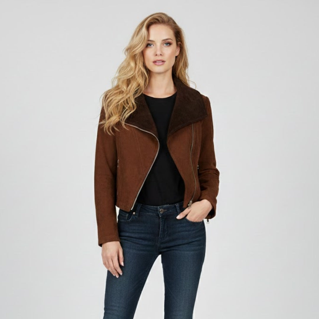 Women Brown Leather Spread Collar Jackets