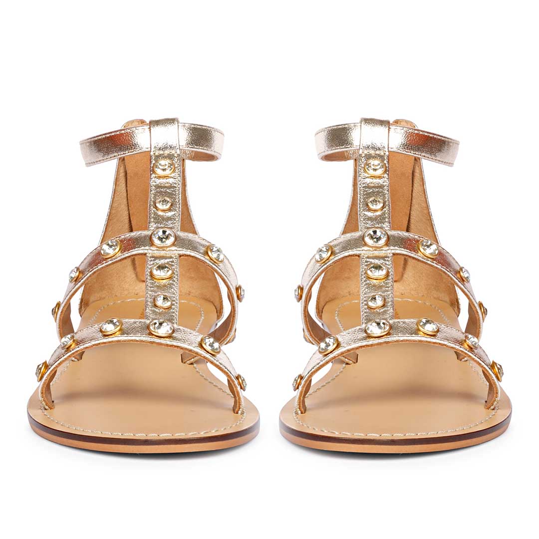 Saint Dion Crystal Stone Studded Platin Leather Sandals