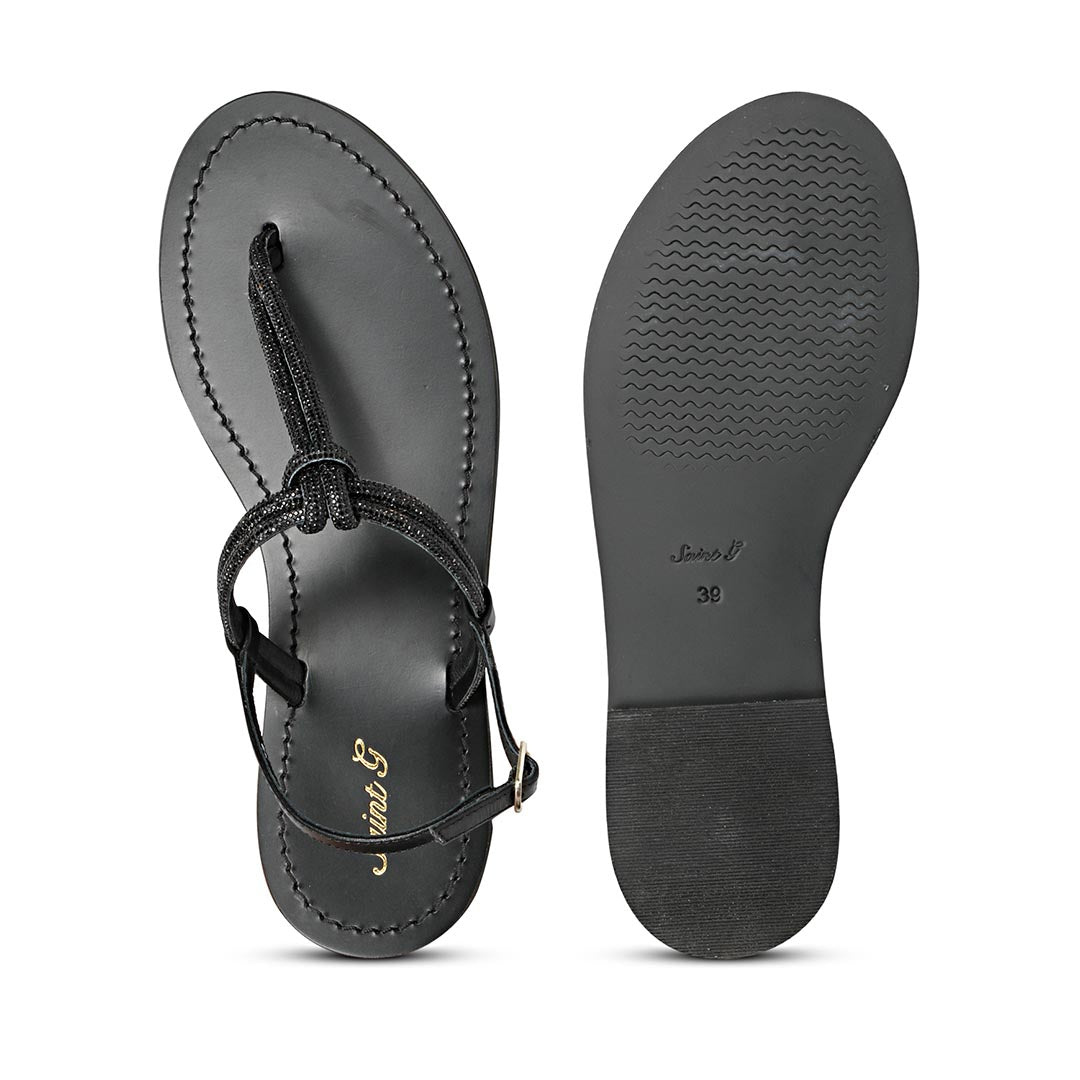 Saint Elsie Crystal Cord Black Leather Flat Sandals
