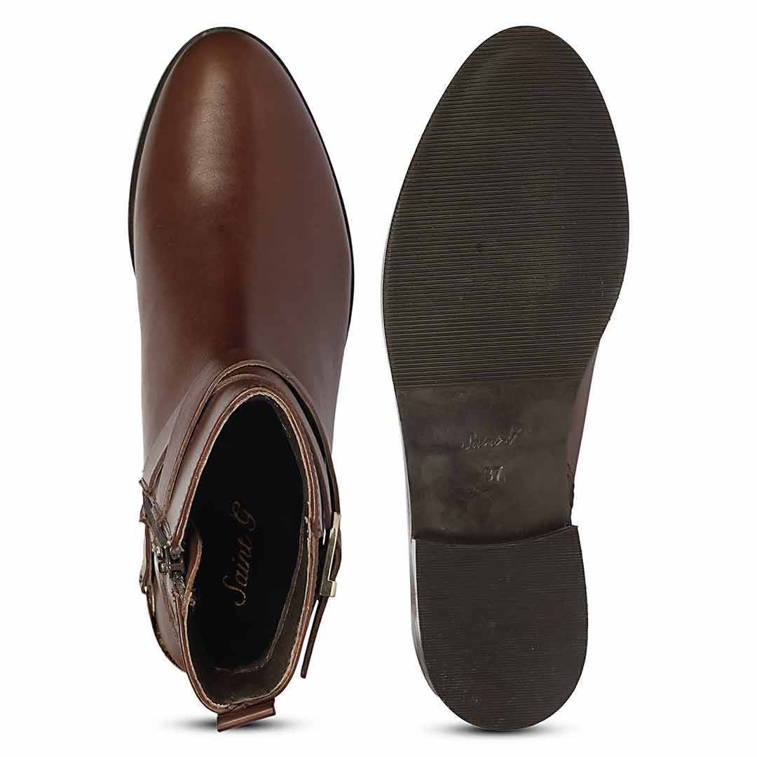 Saint Cathie Buckle Decor Brown Leather Ankle Boots
