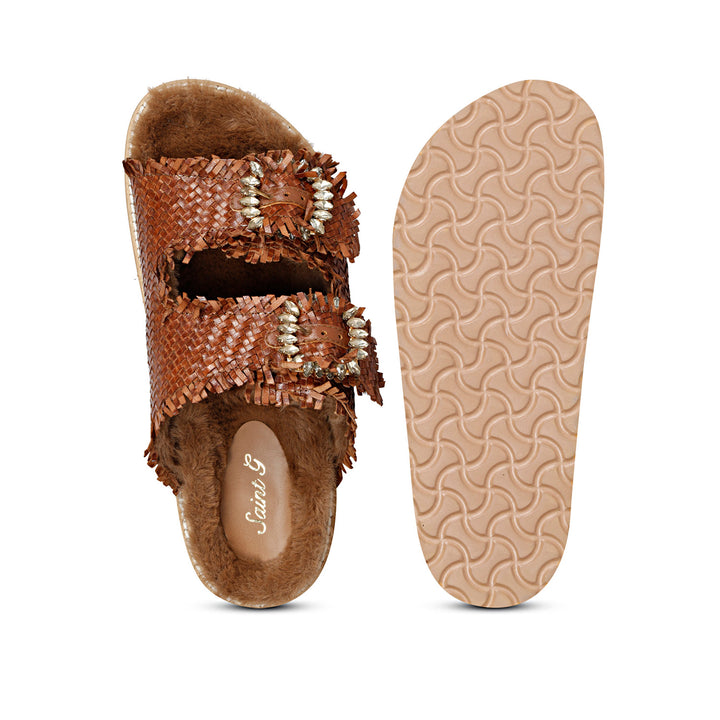 Sophia Buckle Décor Tan Woven Leather Sandals