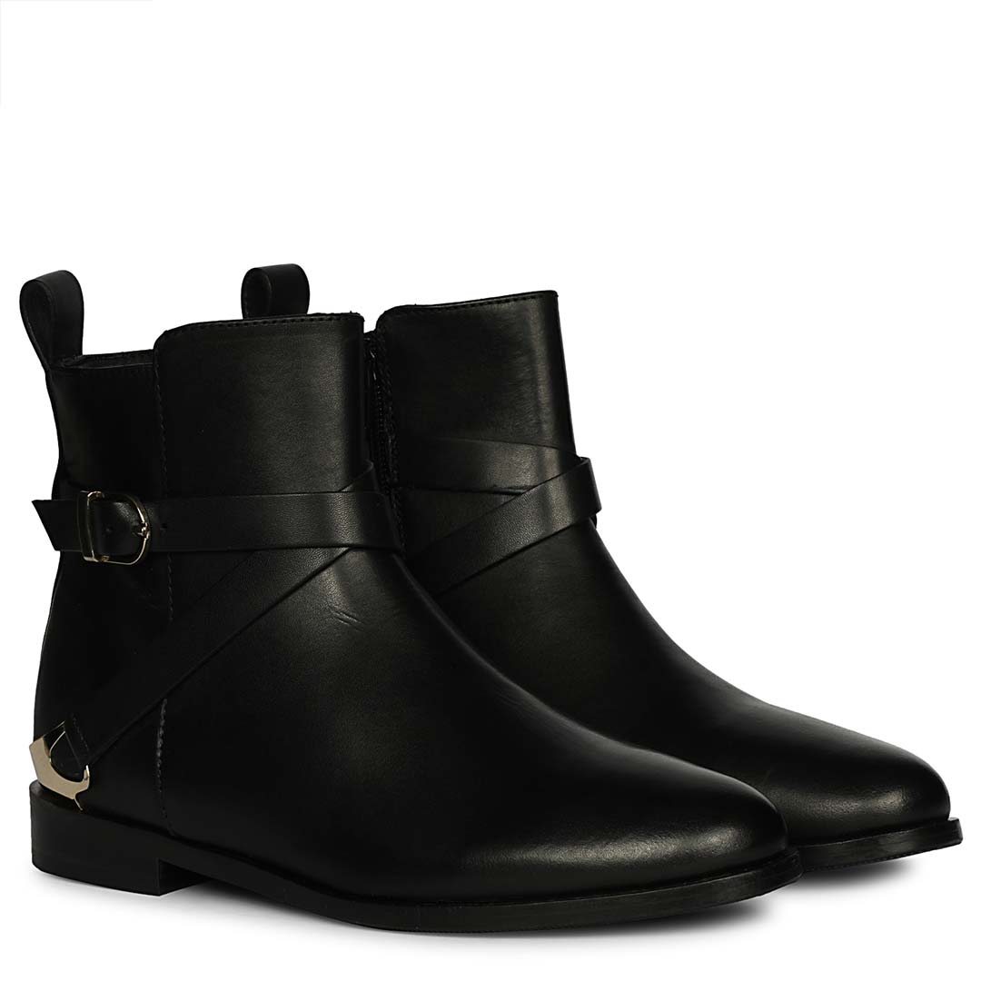 Saint Cathie Buckle Decor Black Leather Ankle Boots