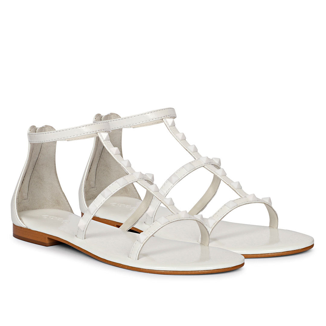 Saint Opal White Pyramid Stud Patent Leather Sandals