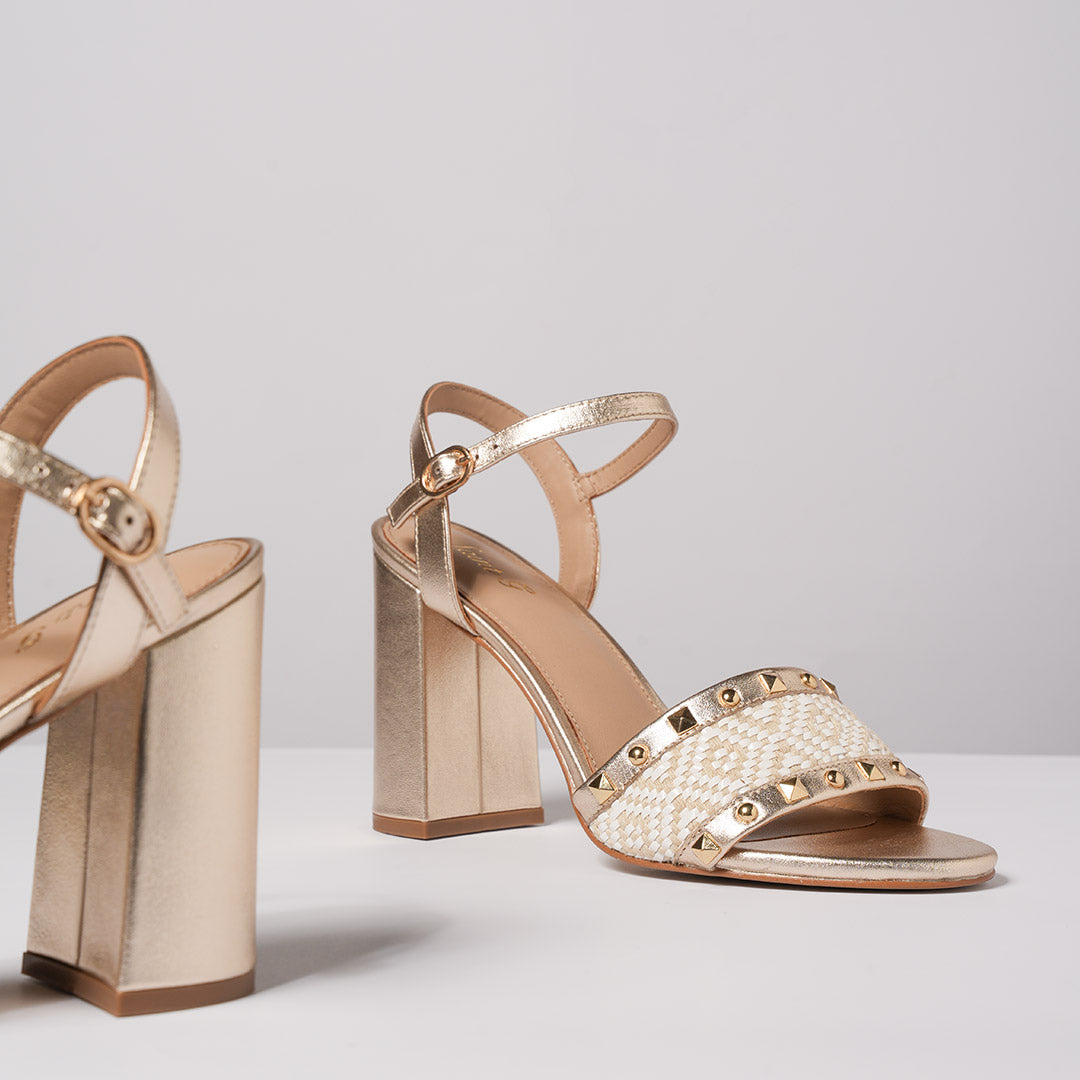 Saint Auric Gold Leather Rafia Stud Block Heels