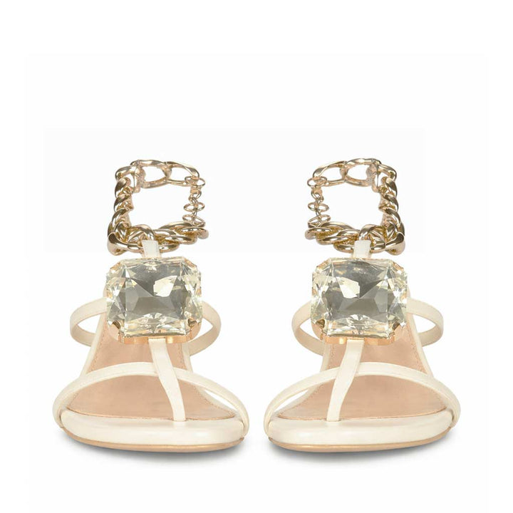 Saint Gaelle Crystal Off White Leather Chain Block Heels