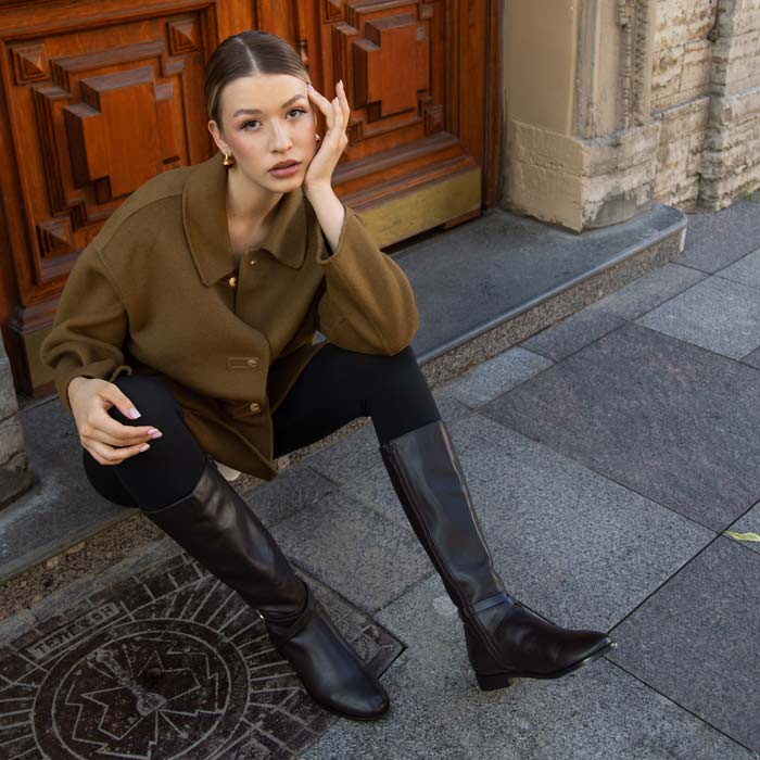 Saint Damaris Dark Brown Leather Buckle Decor Knee High Boots