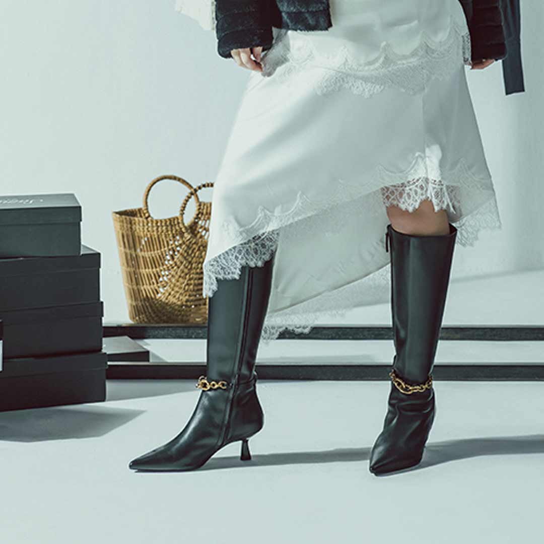 Saint Freya Chain Embellished Black Leather Long Boots