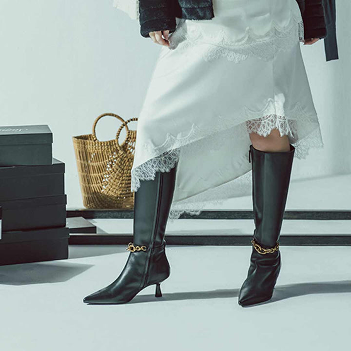 Saint Freya Chain Embellished Black Leather Long Boots