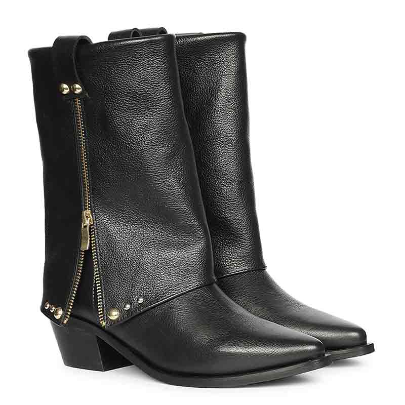 Saint Malone Fold Over Black Leather Mid Calf Boots