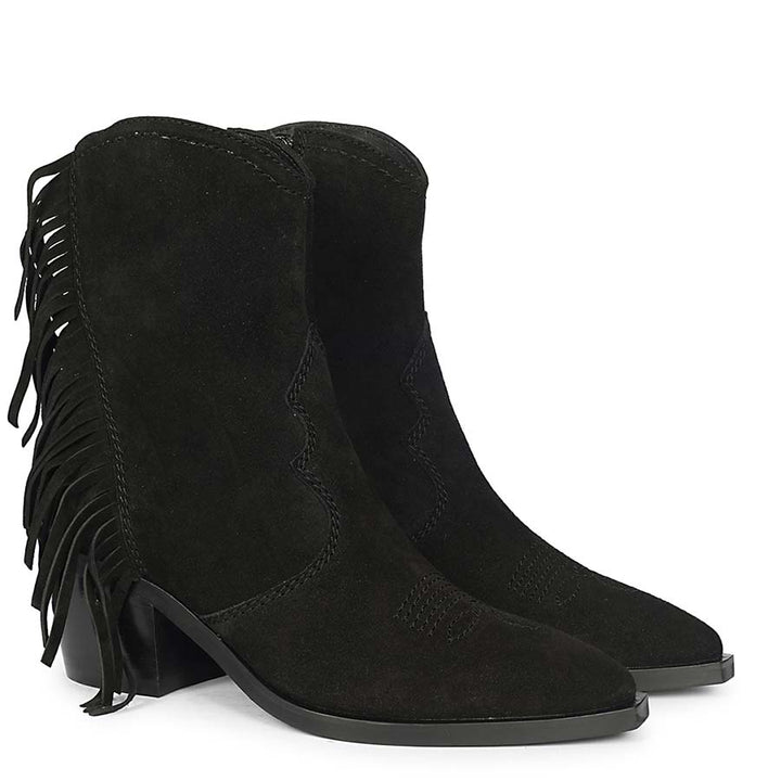 Saint Manon Black Suede Leather Fringe Ankle Boots