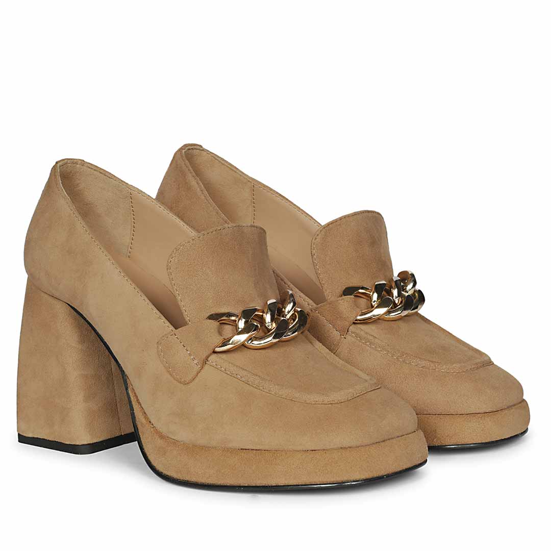 Saint Benoîte Chain Link Taupe Suede Leather Moccasins