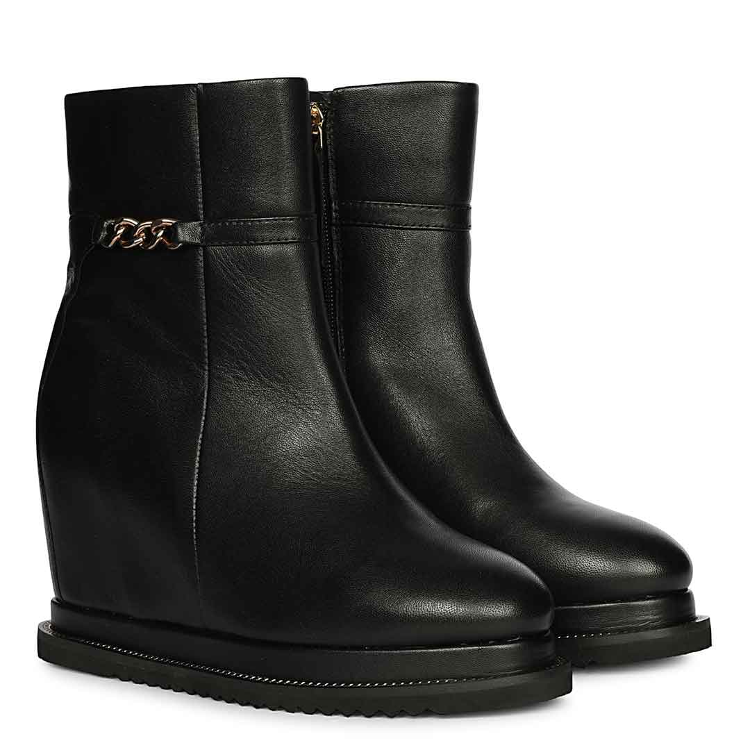 Saint Layana Black Leather Inner Wedge Heel Ankle Boots