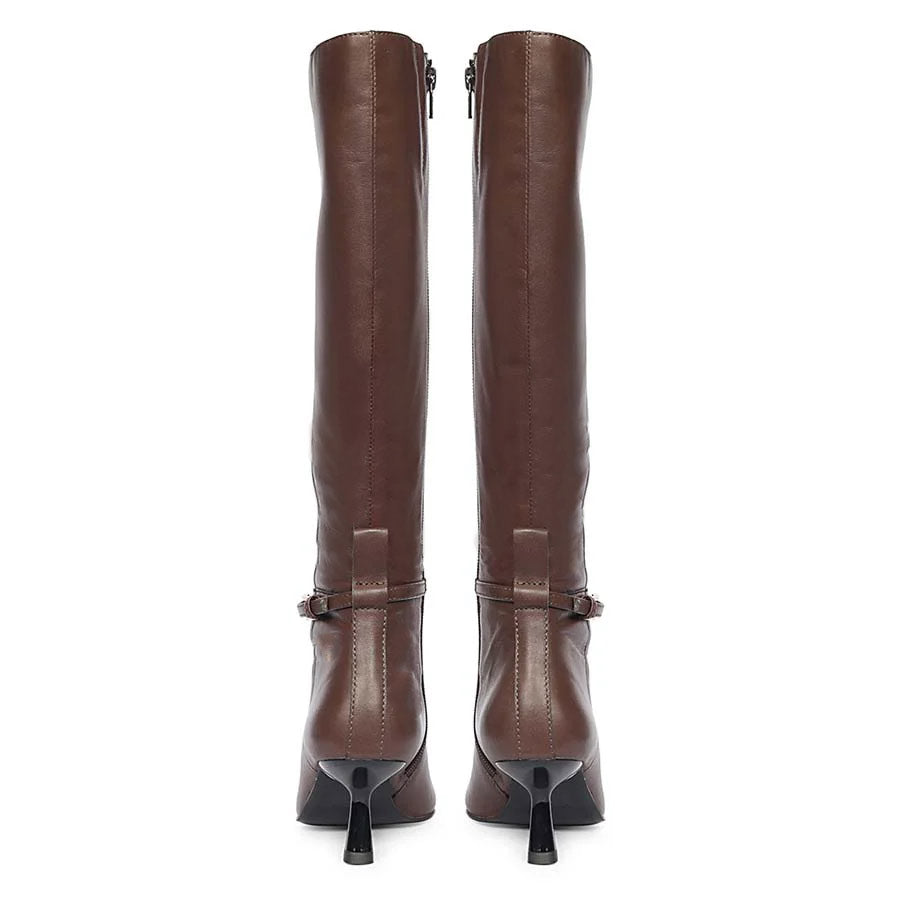 Saint Elara Buckle Embellished Brown Leather Long Boots
