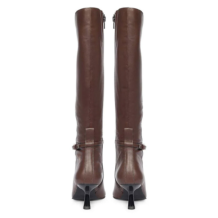 Saint Elara Buckle Embellished Brown Leather Long Boots