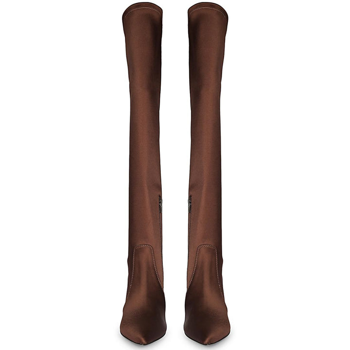 Saint Primrose Brown Stretch Satin Above The Knee Boots