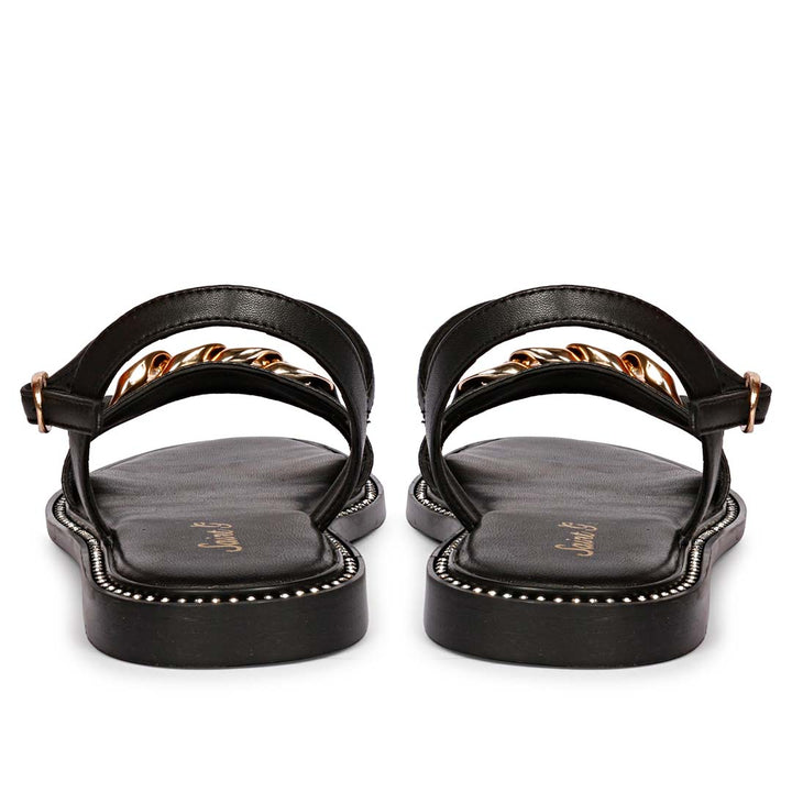 Saint Bellini Gold Chain Decor Black Leather Sandals