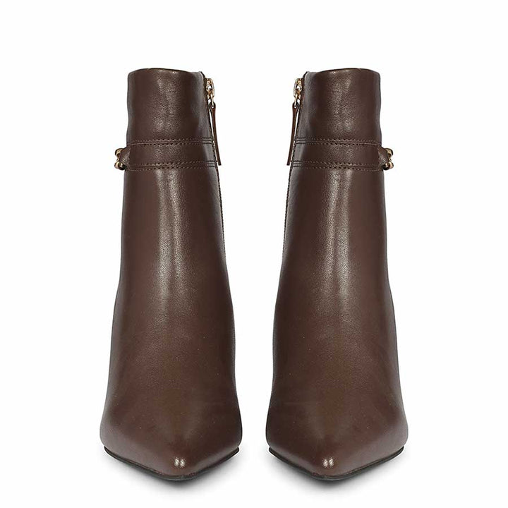 Saint Madelyn Brown Leather Chain Decor Pointed Toe Ankle Boots