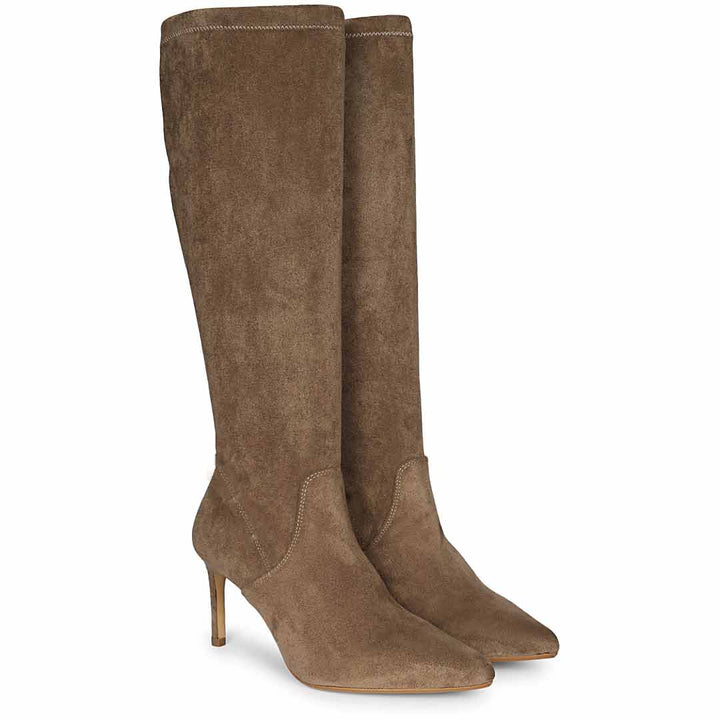 Saint Jemima Taupe Stretch Suede Kitten Heel Long Boots