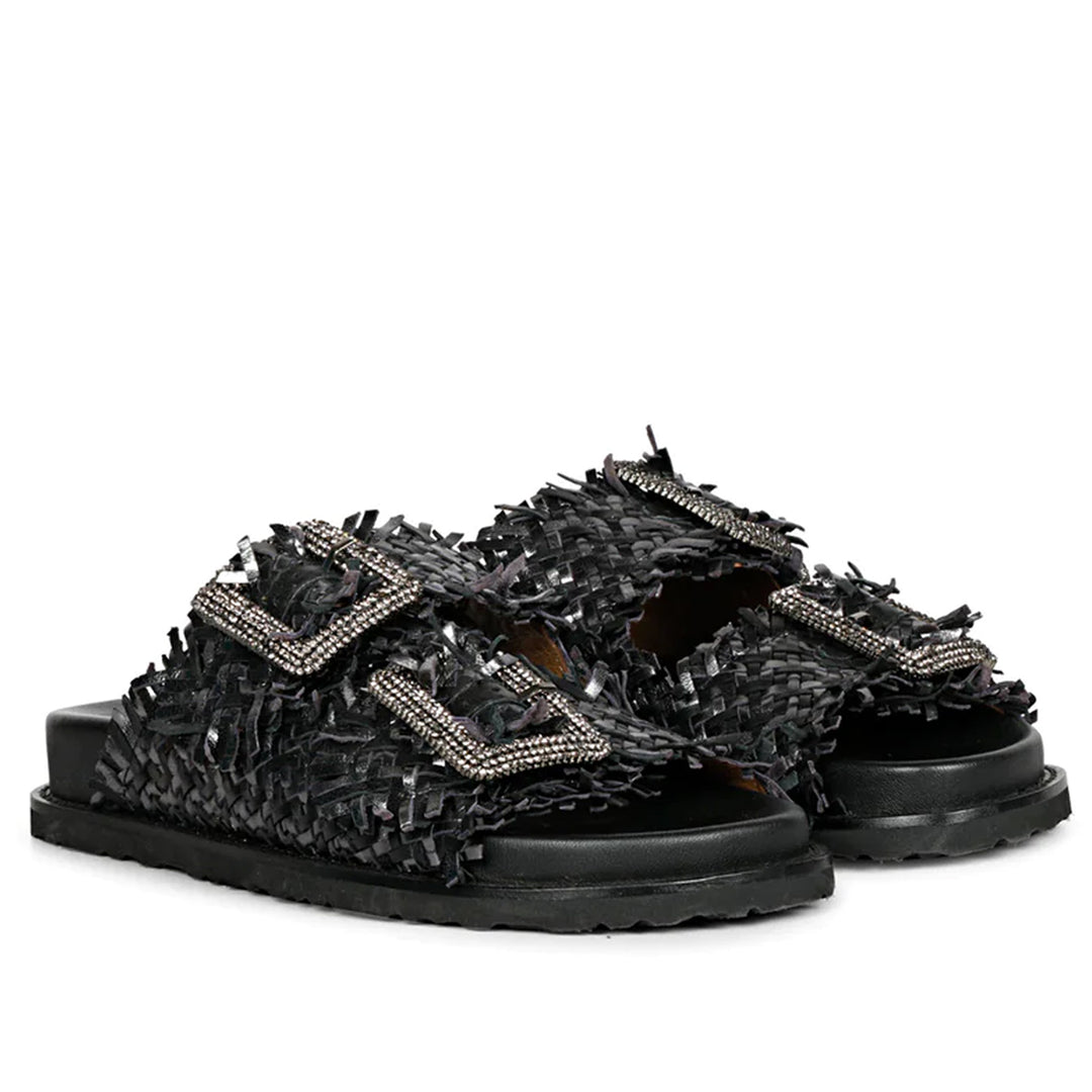 Sophia Buckle Décor Black Woven Leather Sandals