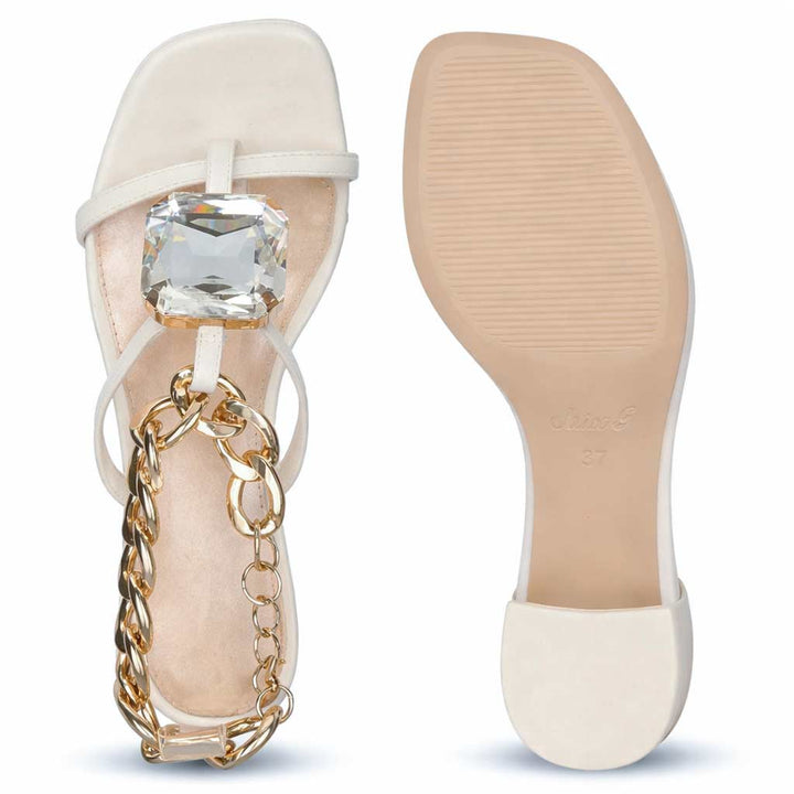 Saint Gaelle Crystal Off White Leather Chain Block Heels