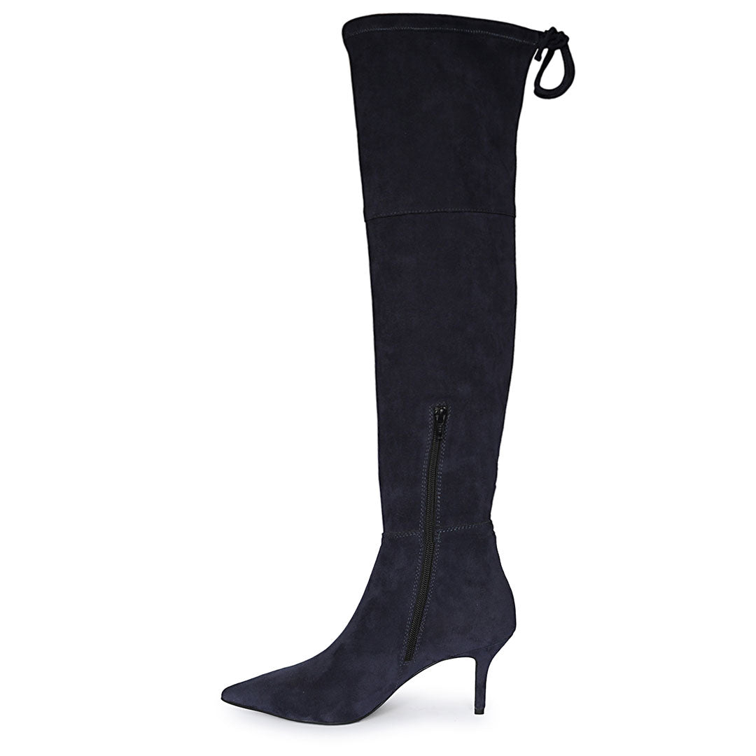 Saint Elodie Navy Stretch Suede Thigh High Boots