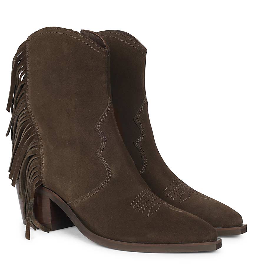 Saint Manon Brown Suede Leather Fringe Ankle Boots
