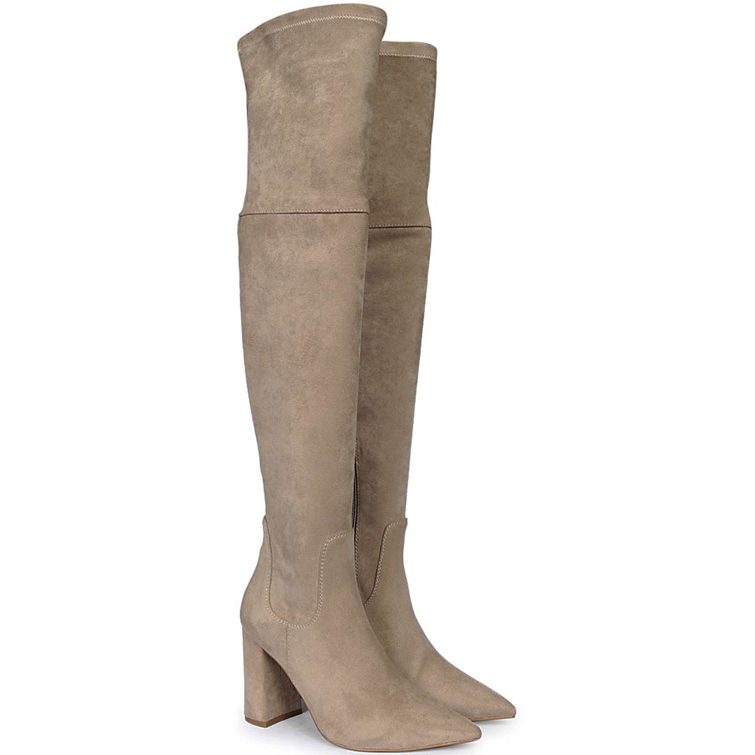Saint Amara Taupe Stretch Suede Thigh High Boots
