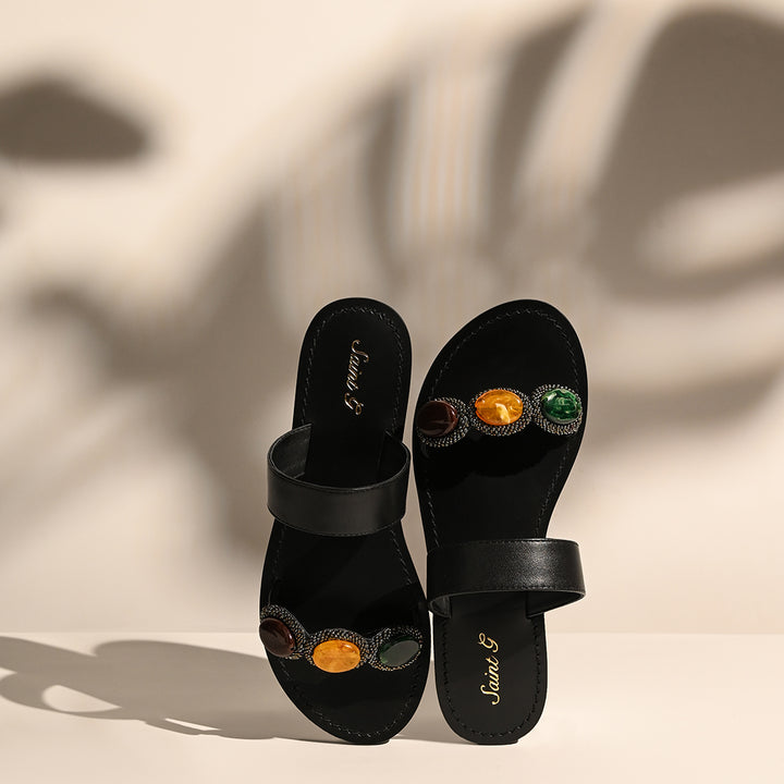 Saint Eva Multi Stone Adorned Black Leather Flats
