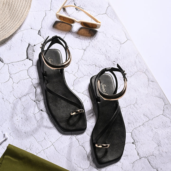 Saint Zinovia Gold-Trim Black Leather Sandals