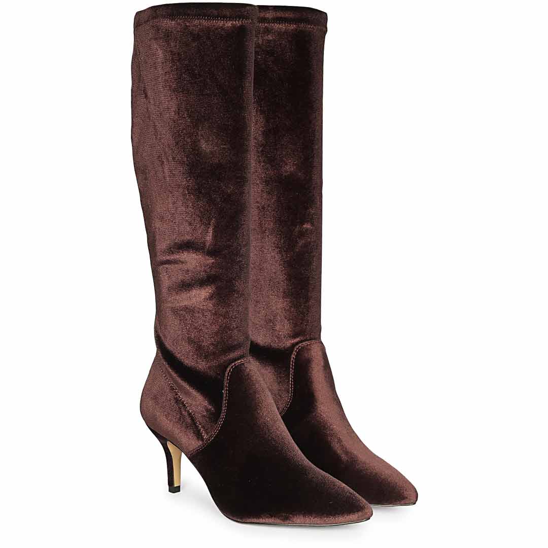 Saint Jemima Bordo Stretch Velvet Knee High Stiletto Boots