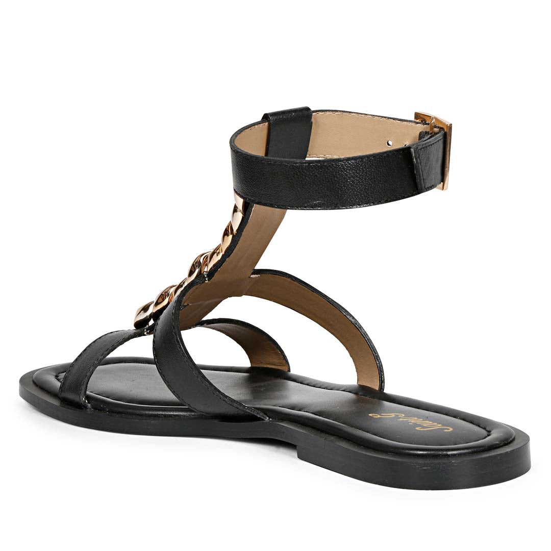 Saint Genesis Golden Chain Decor Black Leather Sandals