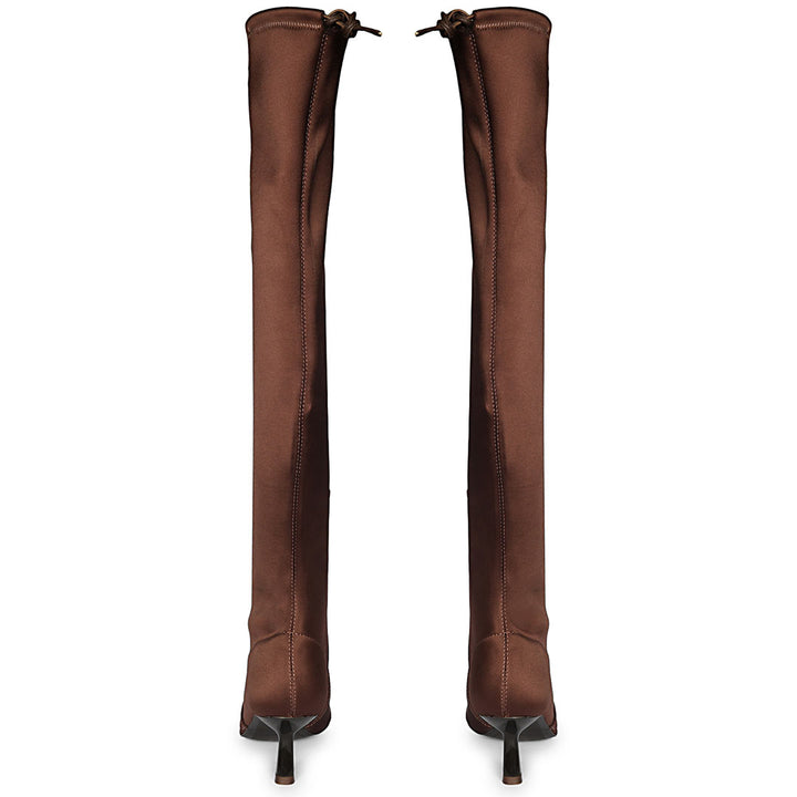 Saint Primrose Brown Stretch Satin Above The Knee Boots