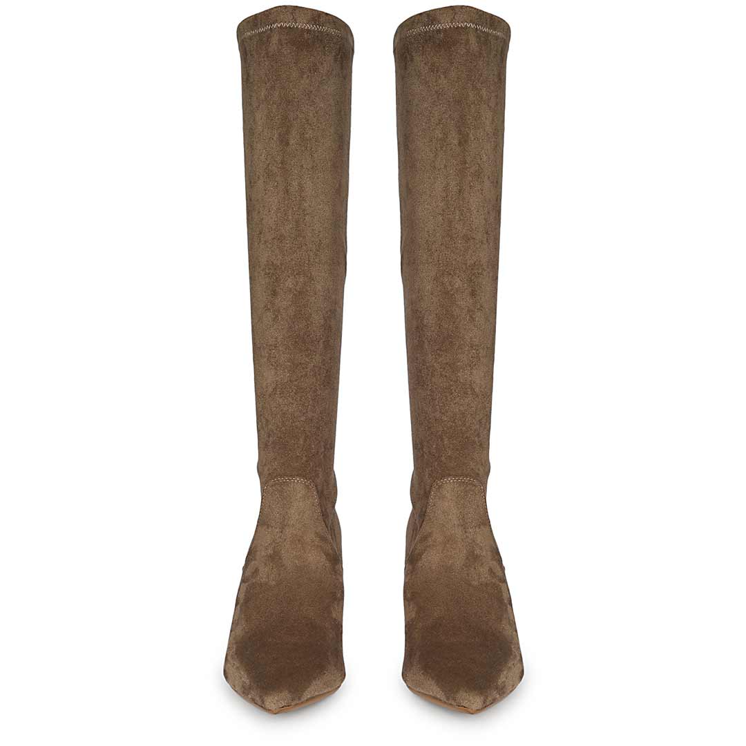 Saint Jemima Taupe Stretch Suede Kitten Heel Long Boots