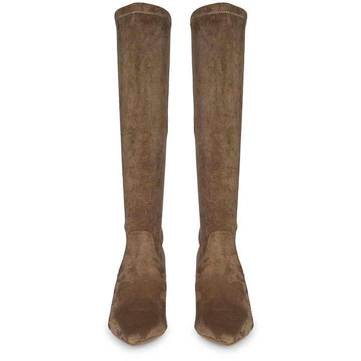 Saint Jemima Taupe Stretch Suede Kitten Heel Long Boots