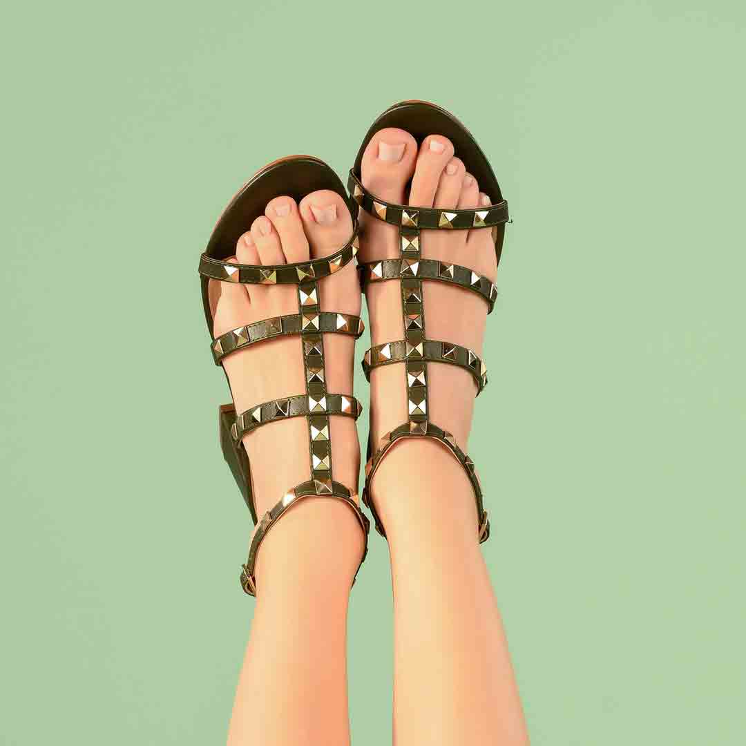 Saint Angela Gold Studs Olive Leather Block Heels