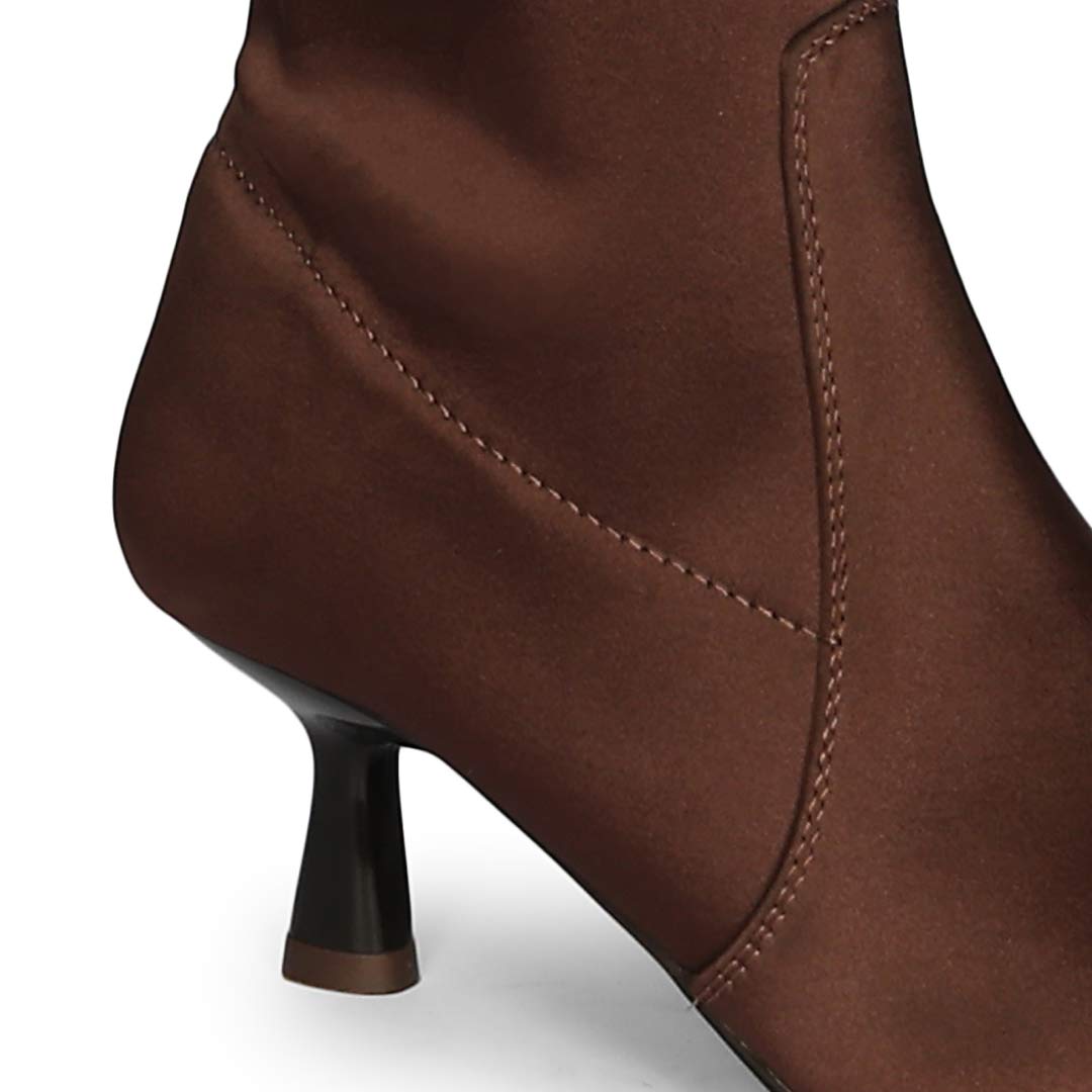 Saint Primrose Brown Stretch Satin Above The Knee Boots